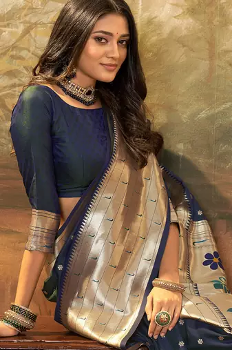 Navy blue paithani silk with zari weaving trational wear saree