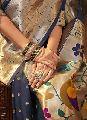 Navy blue paithani silk with zari weaving trational wear saree 4