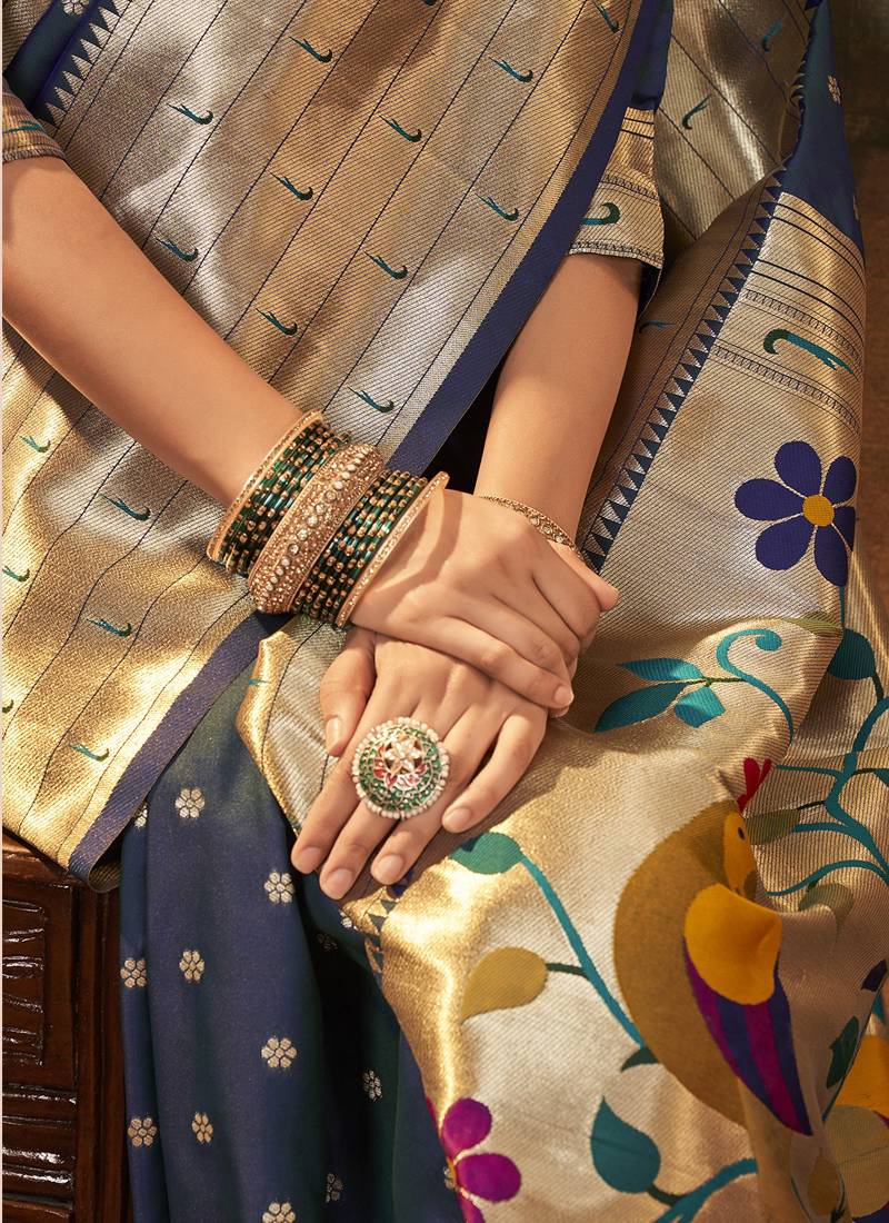 Navy blue paithani silk with zari weaving trational wear saree