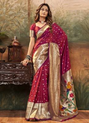 Wine paithani silk with zari weaving trational wear saree 1