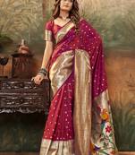 Wine paithani silk with zari weaving trational wear saree