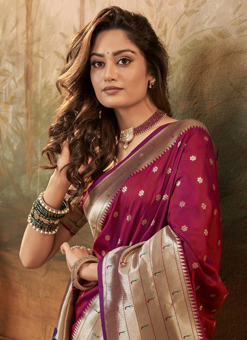 Wine paithani silk with zari weaving trational wear saree