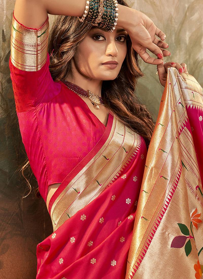 Blood red paithani silk with zari weaving trational wear saree
