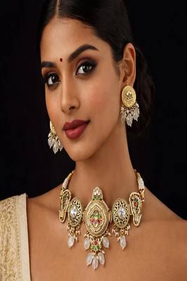 Royal Kundan Choker Necklace Set – Gold Bridal Jewelry with Pearl, Green Pink Stones 1