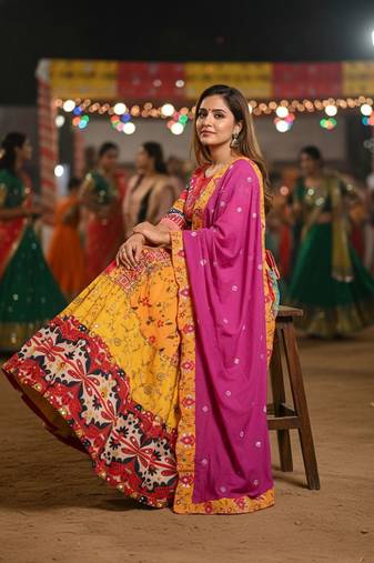 Yellow Muslin Cotton Digital Print Lehenga Choli Set with Dupatta