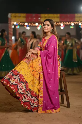 Yellow Muslin Cotton Digital Print Lehenga Choli Set with Dupatta