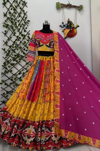 Yellow Muslin Cotton Digital Print Lehenga Choli Set with Dupatta