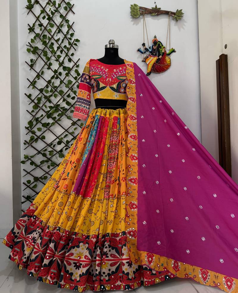 Yellow Muslin Cotton Digital Print Lehenga Choli Set with Dupatta