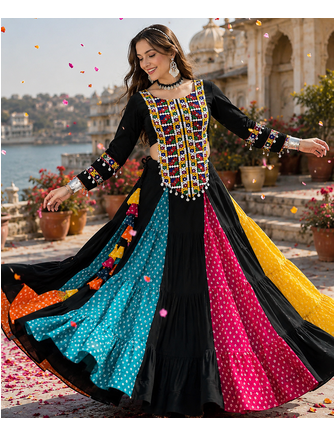 Multicolor Navratri Bandhani Mirror Work Lehenga Choli Set 1