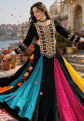 Multicolor Navratri Bandhani Mirror Work Lehenga Choli Set