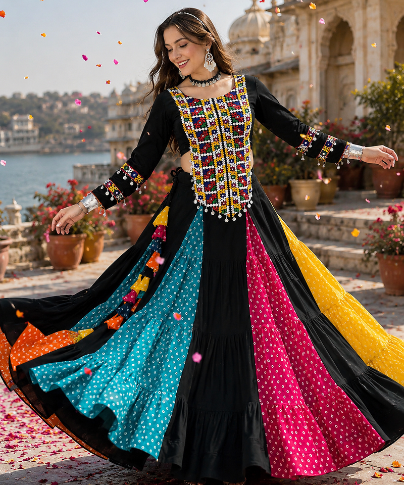 Multicolor Navratri Bandhani Mirror Work Lehenga Choli Set