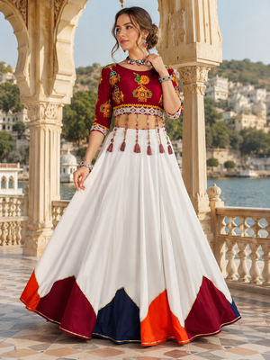 White Navratri Pure Rayon Cotton Lehenga Choli Garba Dandiya Traditional Outfit 1