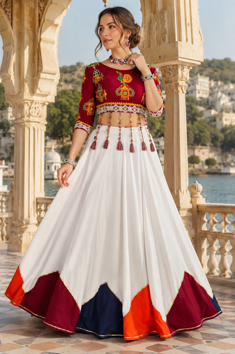 White Navratri Pure Rayon Cotton Lehenga Choli Garba Dandiya Traditional Outfit