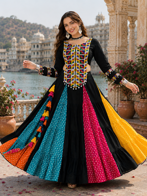 Multicolor Navratri Bandhani Mirror Work Lehenga Choli Set 2