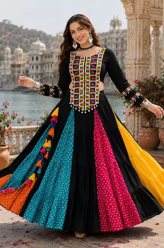 Multicolor Navratri Bandhani Mirror Work Lehenga Choli Set