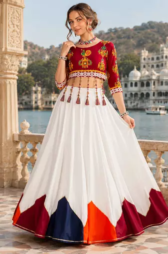 White Navratri Pure Rayon Cotton Lehenga Choli Garba Dandiya Traditional Outfit
