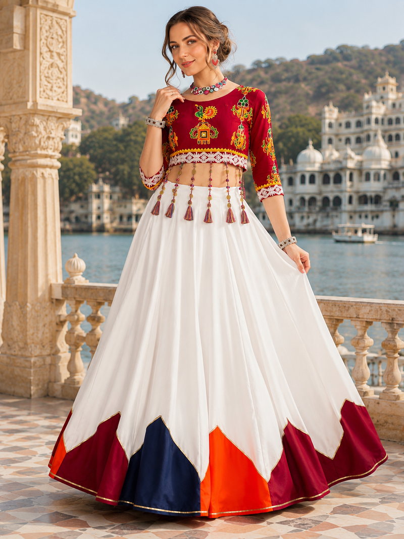 White Navratri Pure Rayon Cotton Lehenga Choli Garba Dandiya Traditional Outfit