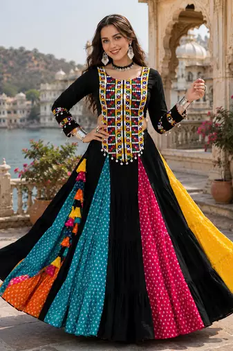 Multicolor Navratri Bandhani Mirror Work Lehenga Choli Set