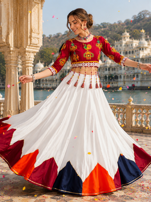 White Navratri Pure Rayon Cotton Lehenga Choli Garba Dandiya Traditional Outfit 3