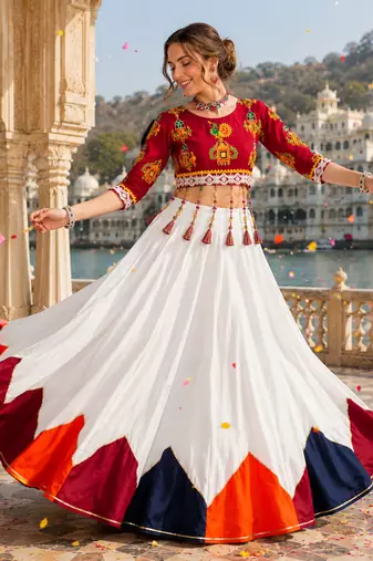 White Navratri Pure Rayon Cotton Lehenga Choli Garba Dandiya Traditional Outfit