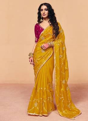 Mustard organza satin with sequince heavy embroidery work designer saree 1
