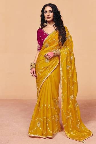 Mustard organza satin with sequince heavy embroidery work designer saree