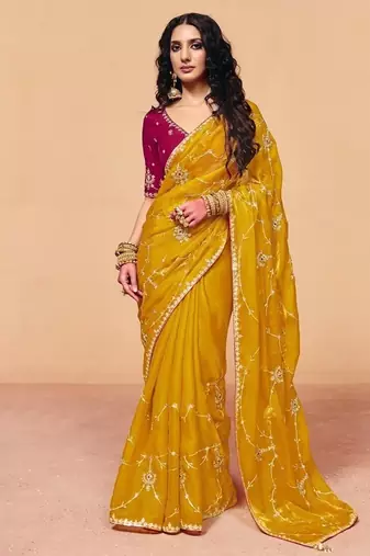Mustard organza satin with sequince heavy embroidery work designer saree