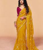 Mustard organza satin with sequince heavy embroidery work designer saree