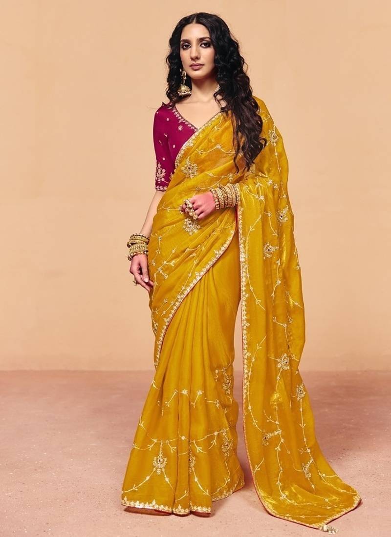 Mustard organza satin with sequince heavy embroidery work designer saree