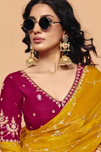 Mustard organza satin with sequince heavy embroidery work designer saree
