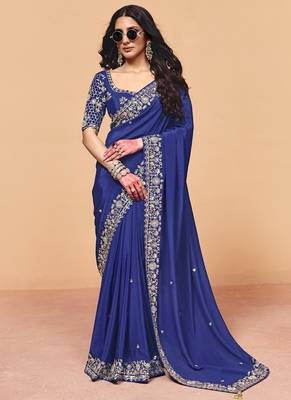 Navy blue satin with sequince heavy embroidery work designer saree 1