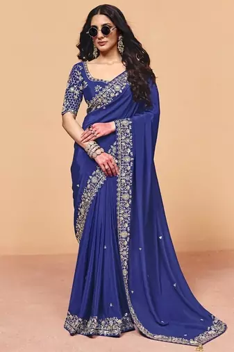 Navy blue satin with sequince heavy embroidery work designer saree