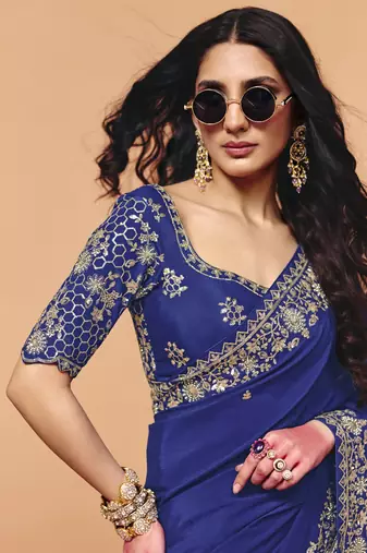 Navy blue satin with sequince heavy embroidery work designer saree