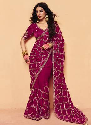 Magenta frandy fabric with sequince heavy embroidery work designer saree 1