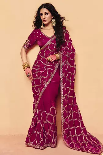 Magenta frandy fabric with sequince heavy embroidery work designer saree