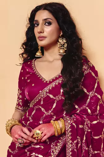 Magenta frandy fabric with sequince heavy embroidery work designer saree