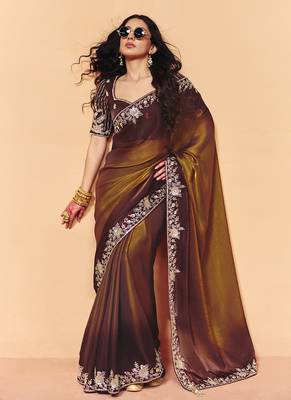 Shaded brown & antique gold organza satin with sequince heavy embroidery work designer saree 1