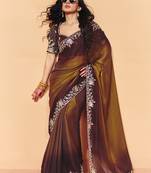 Shaded brown & antique gold organza satin with sequince heavy embroidery work designer saree