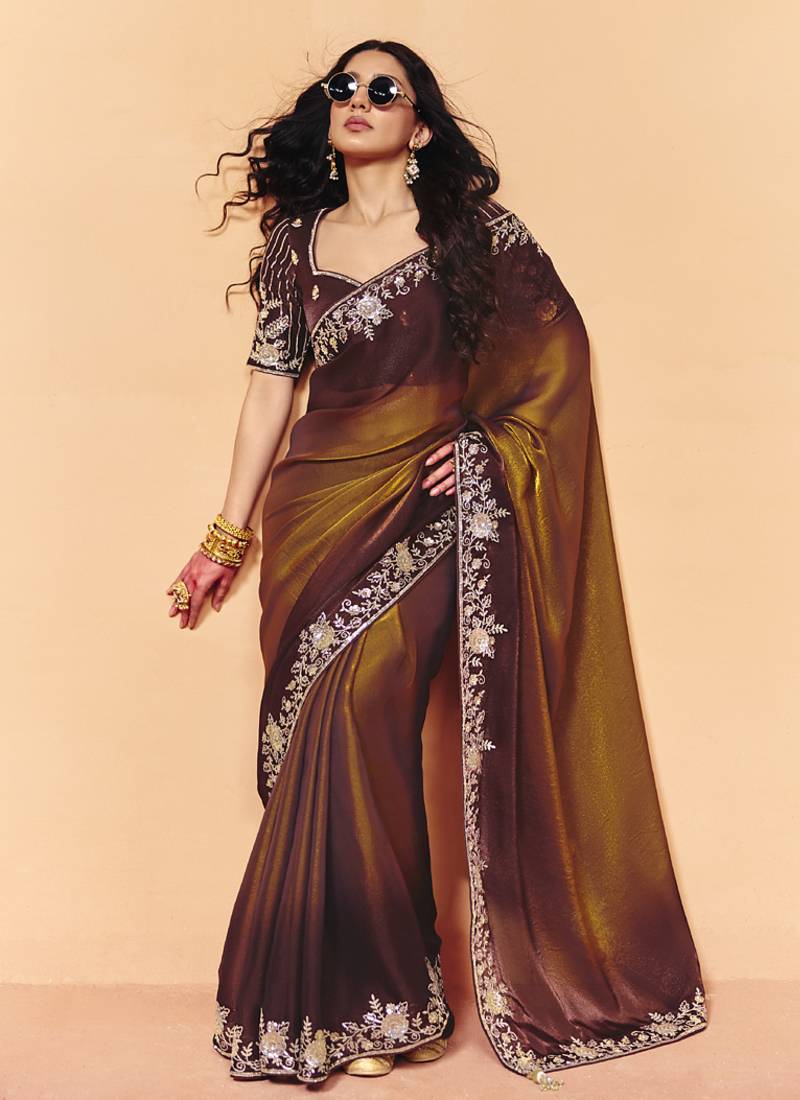 Shaded brown & antique gold organza satin with sequince heavy embroidery work designer saree