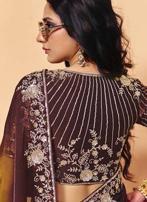 Shaded brown & antique gold organza satin with sequince heavy embroidery work designer saree 2