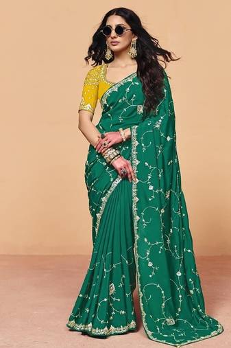 Green satin silk with sequince heavy embroidery work designer saree