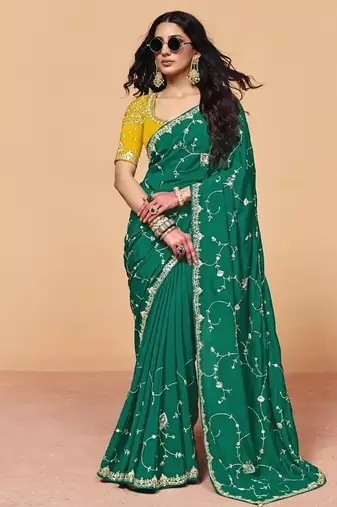 Green satin silk with sequince heavy embroidery work designer saree