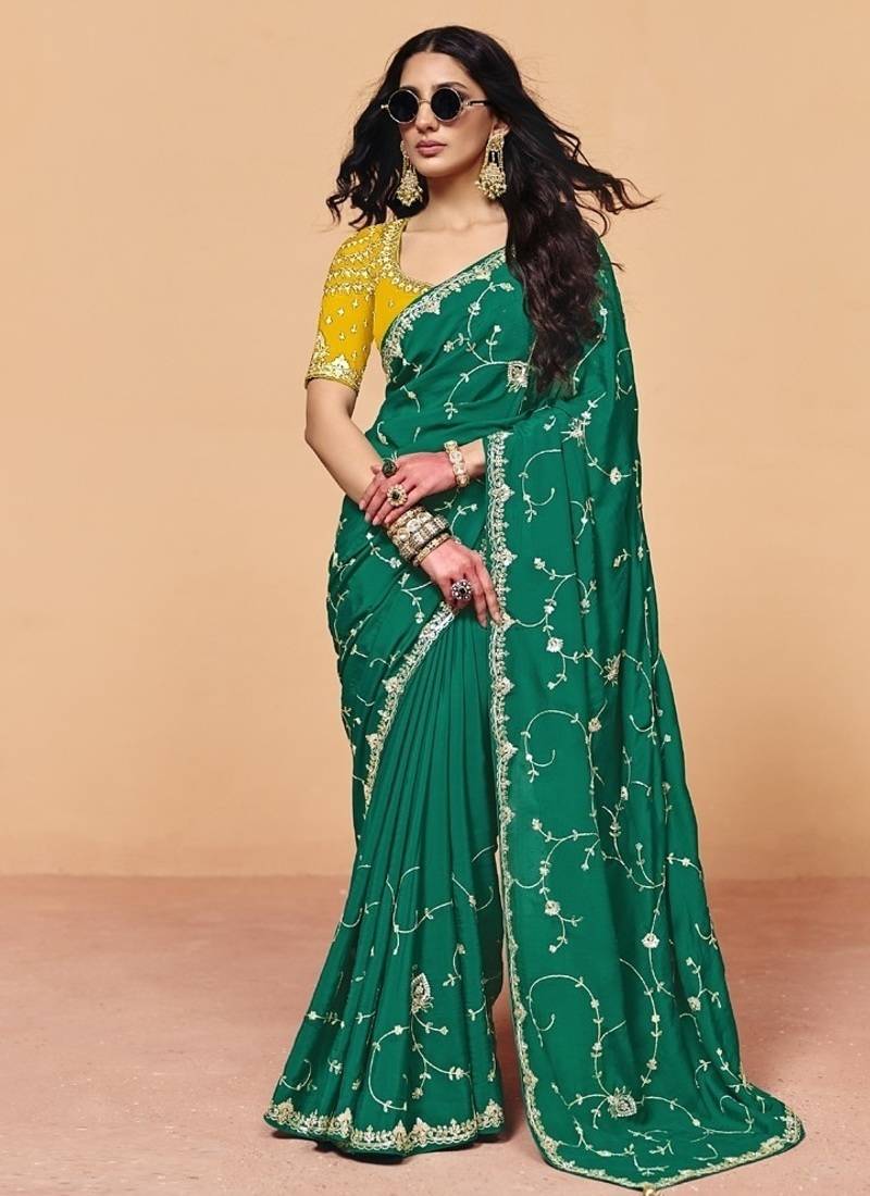 Green satin silk with sequince heavy embroidery work designer saree