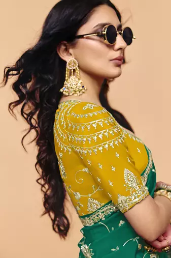 Green satin silk with sequince heavy embroidery work designer saree