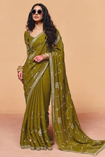 Olive organza satin with sequince heavy embroidery work designer saree