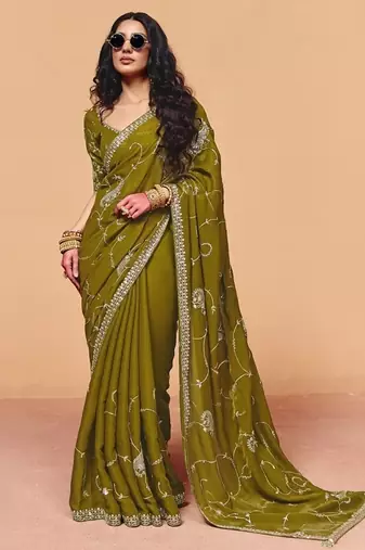 Olive organza satin with sequince heavy embroidery work designer saree