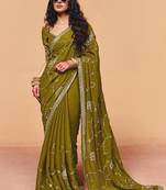 Olive organza satin with sequince heavy embroidery work designer saree