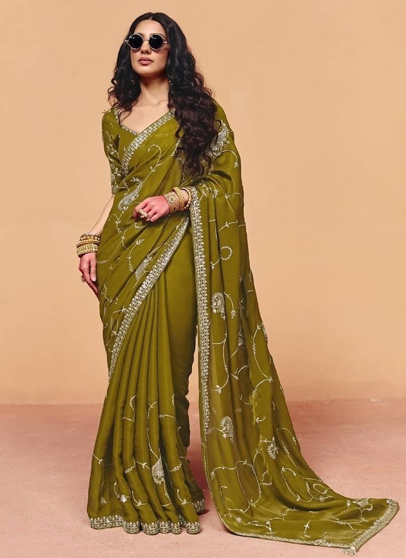 Olive organza satin with sequince heavy embroidery work designer saree