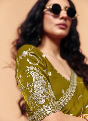 Olive organza satin with sequince heavy embroidery work designer saree 2