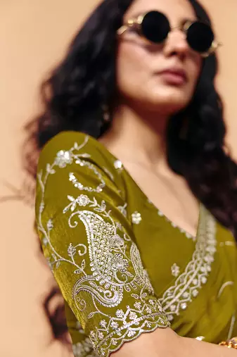 Olive organza satin with sequince heavy embroidery work designer saree